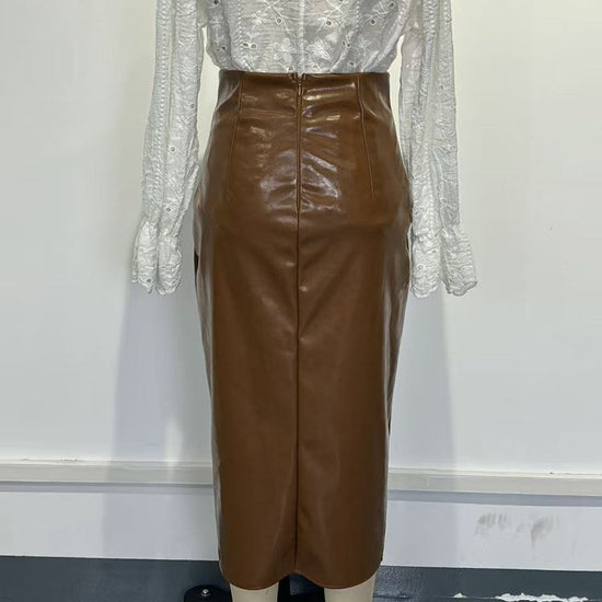 Women's Faux Leather Bodycon Skirt - High Waisted Slim Fit Midi Skirt With Front Slit & Button Decor 