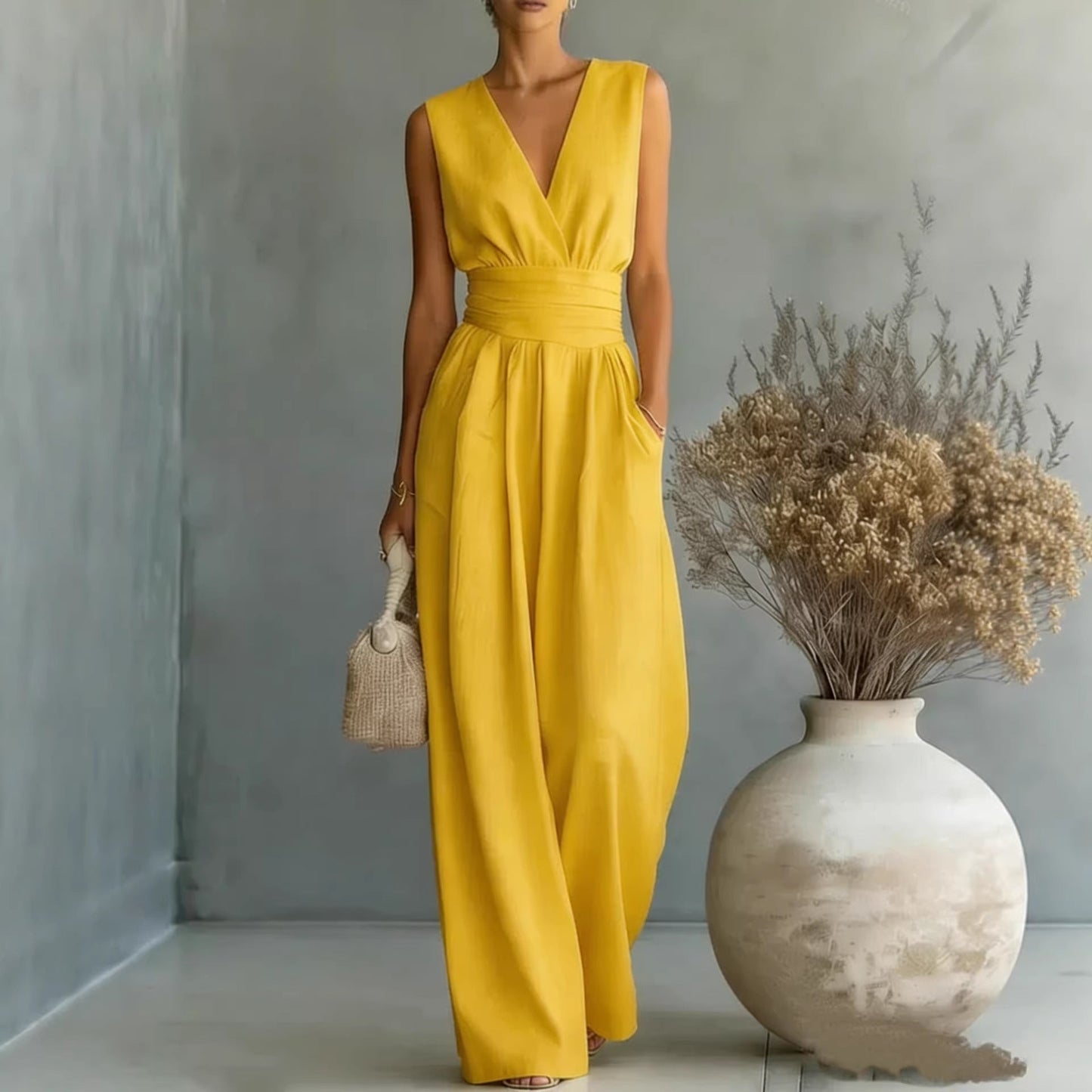 Womens Elegant Sleeveless Waist-Cinching V-Neck Sophisticated Jumpsuit 