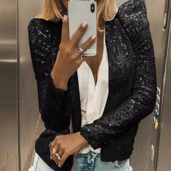 Women's Fashion Colorblock Sequin Short Casual Jacket 