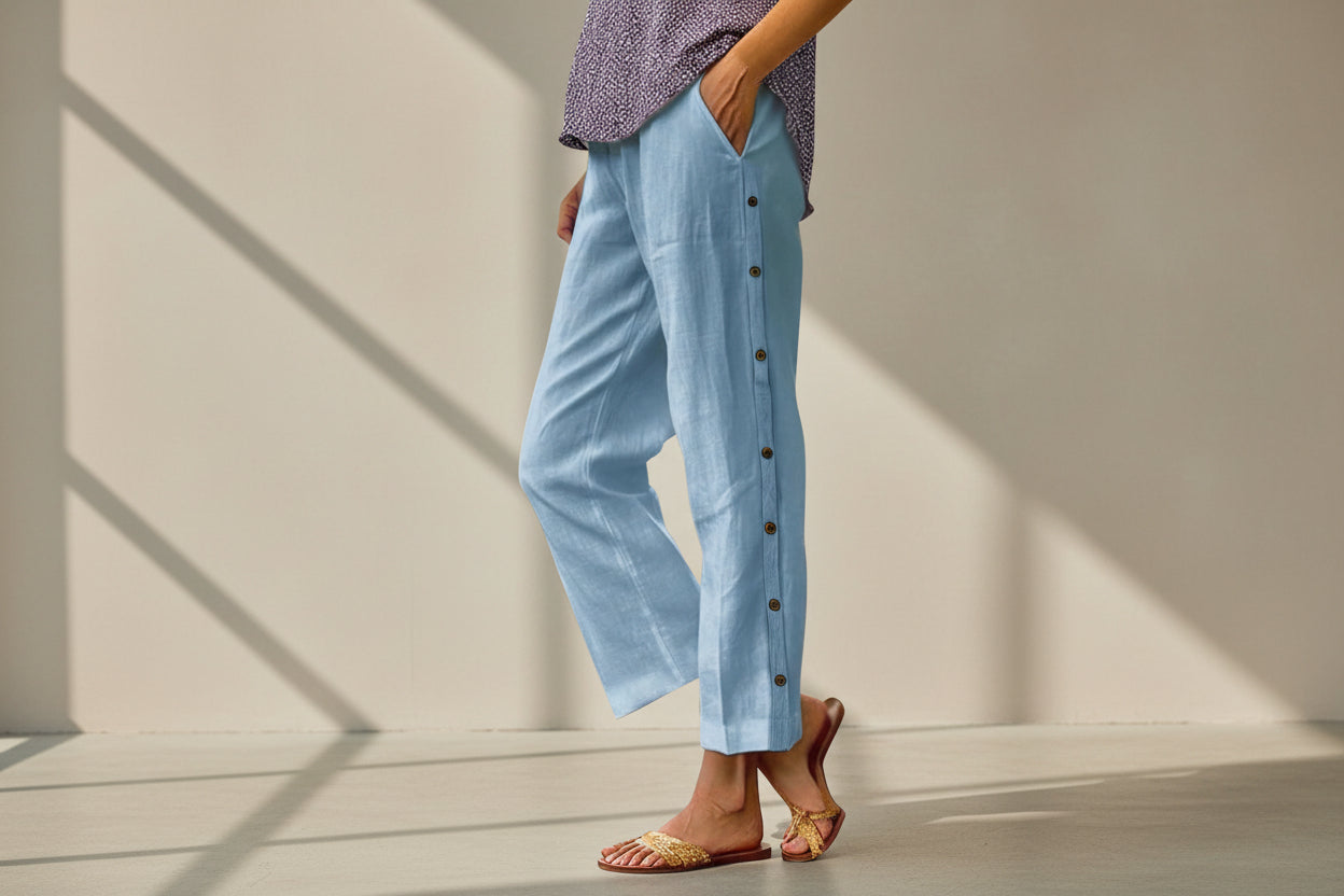 Cropped Pants With Decorative Buttons Along The Side Seams 