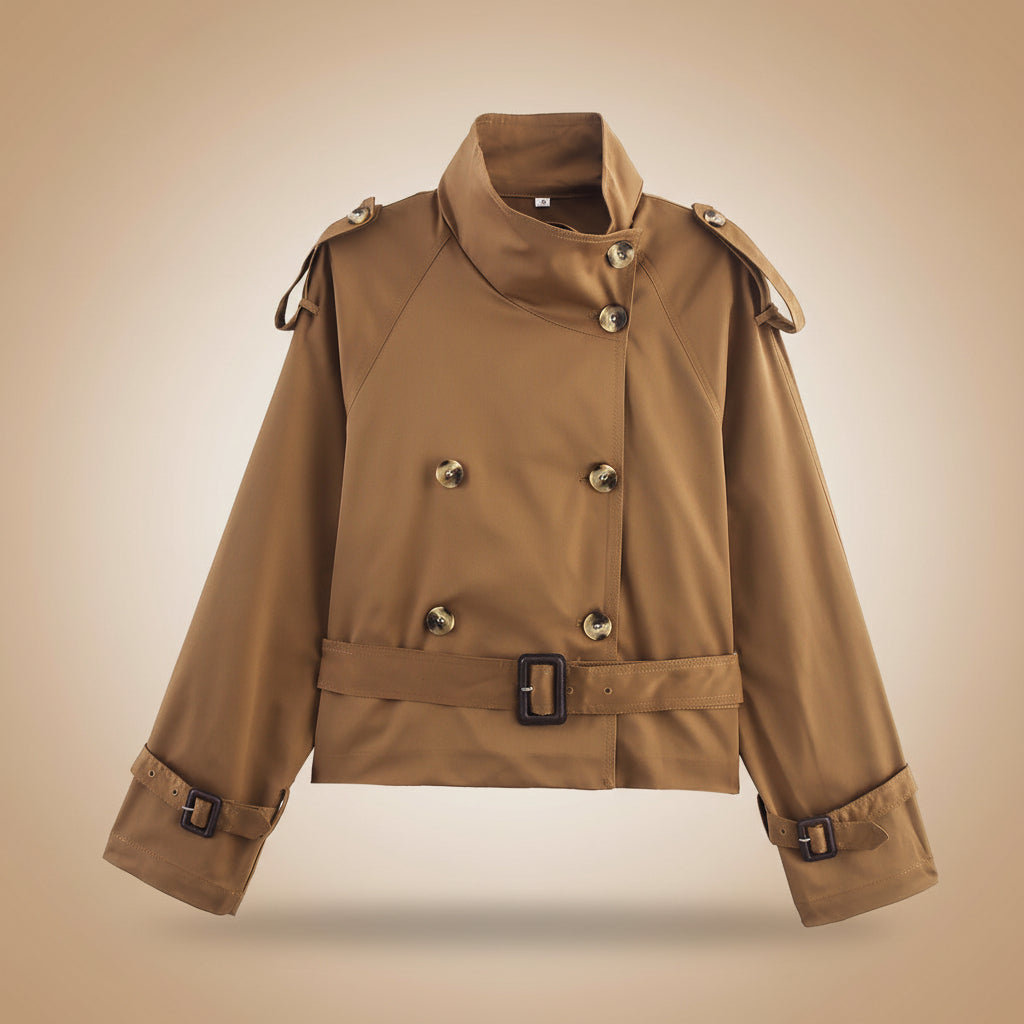 Notch-collar Short Trench Coat For Women With Belt Buckle Detailing 