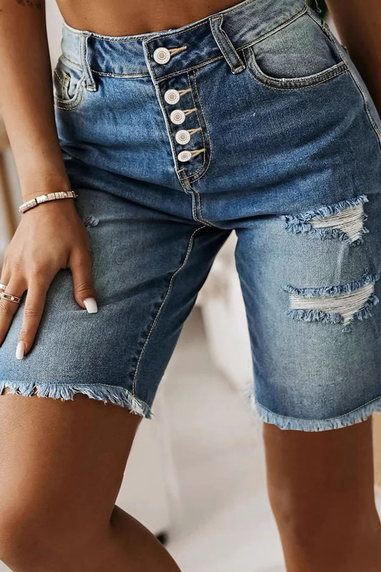 Cotton Denim Shorts Summer Mid-Length Frayed Hem Distressed Hot Pants 