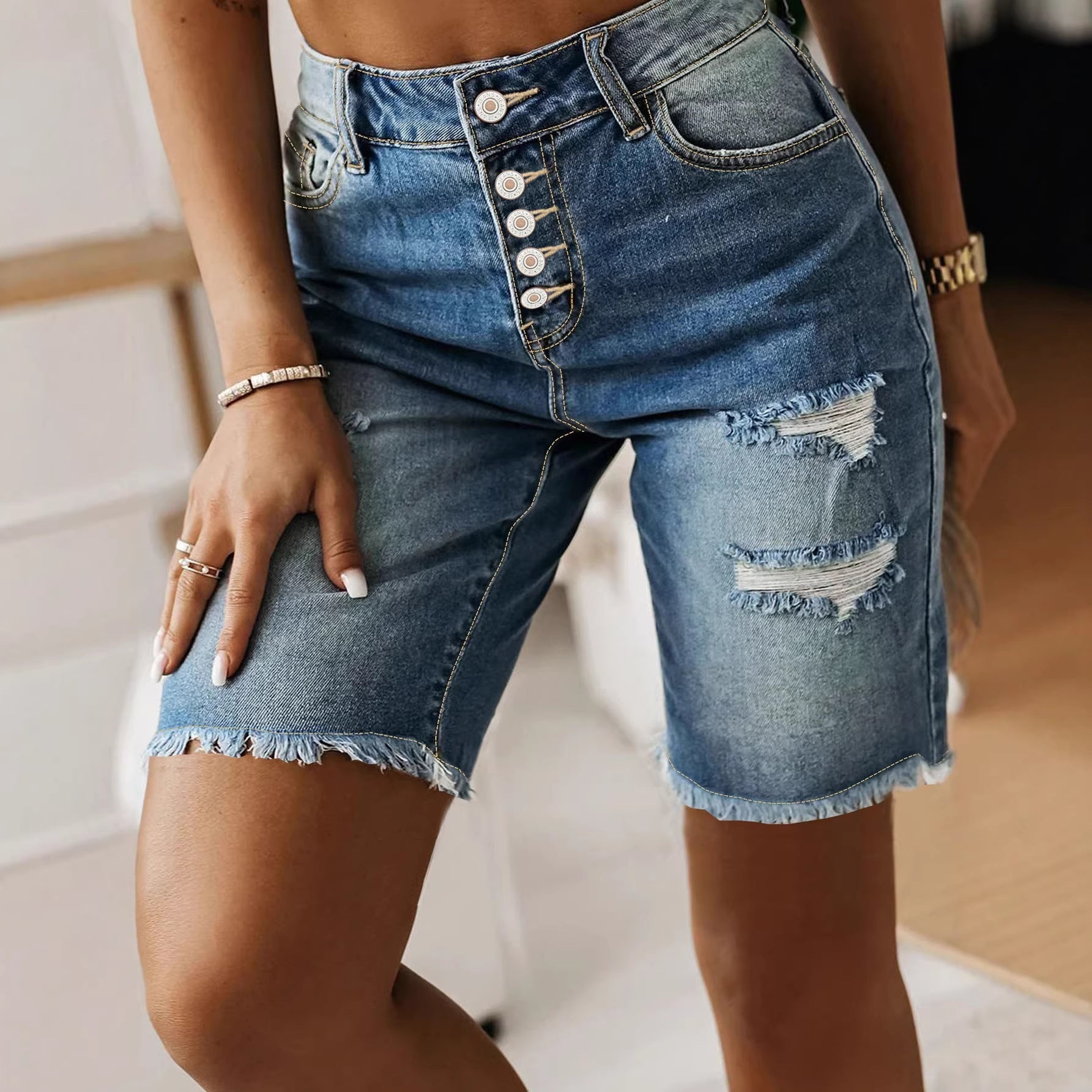 Cotton Denim Shorts Summer Mid-Length Frayed Hem Distressed Hot Pants 