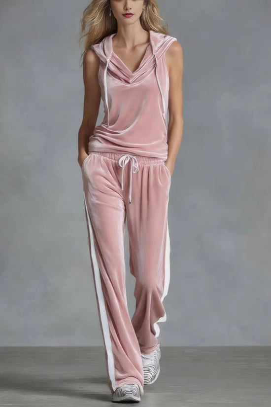 Fashionable Long Pants Sleeveless Hooded Velvet Two-Piece Set for Casual and Sporty Wear 