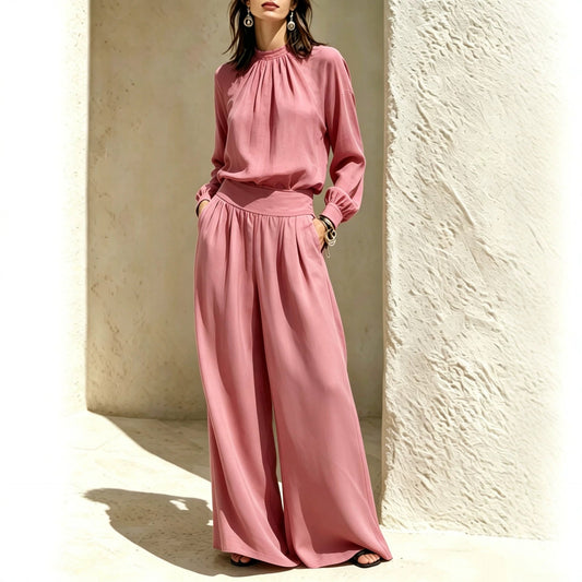 Casual Solid Color Long Sleeve Stand-up Collar Loose Fit Women's Fashion Set BlouseWide-leg Pants 