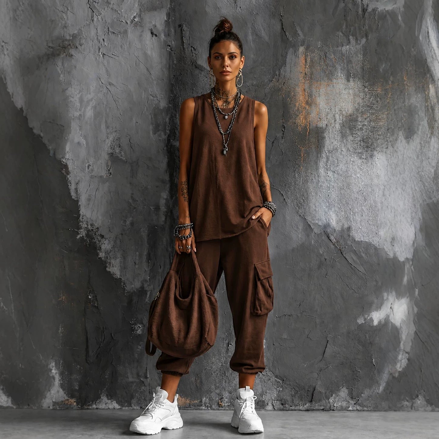 Womens Sleeveless Top Ankle-Fit Pants Set 