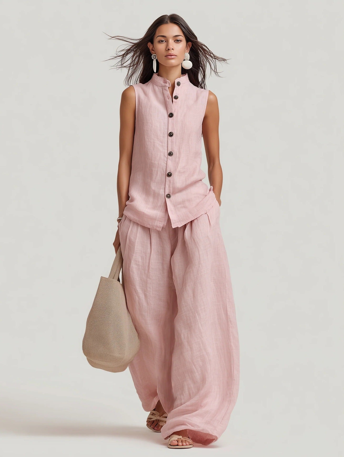 Stand-up Collar Sleeveless Shirt And High-waisted Wide-leg Pants Set 
