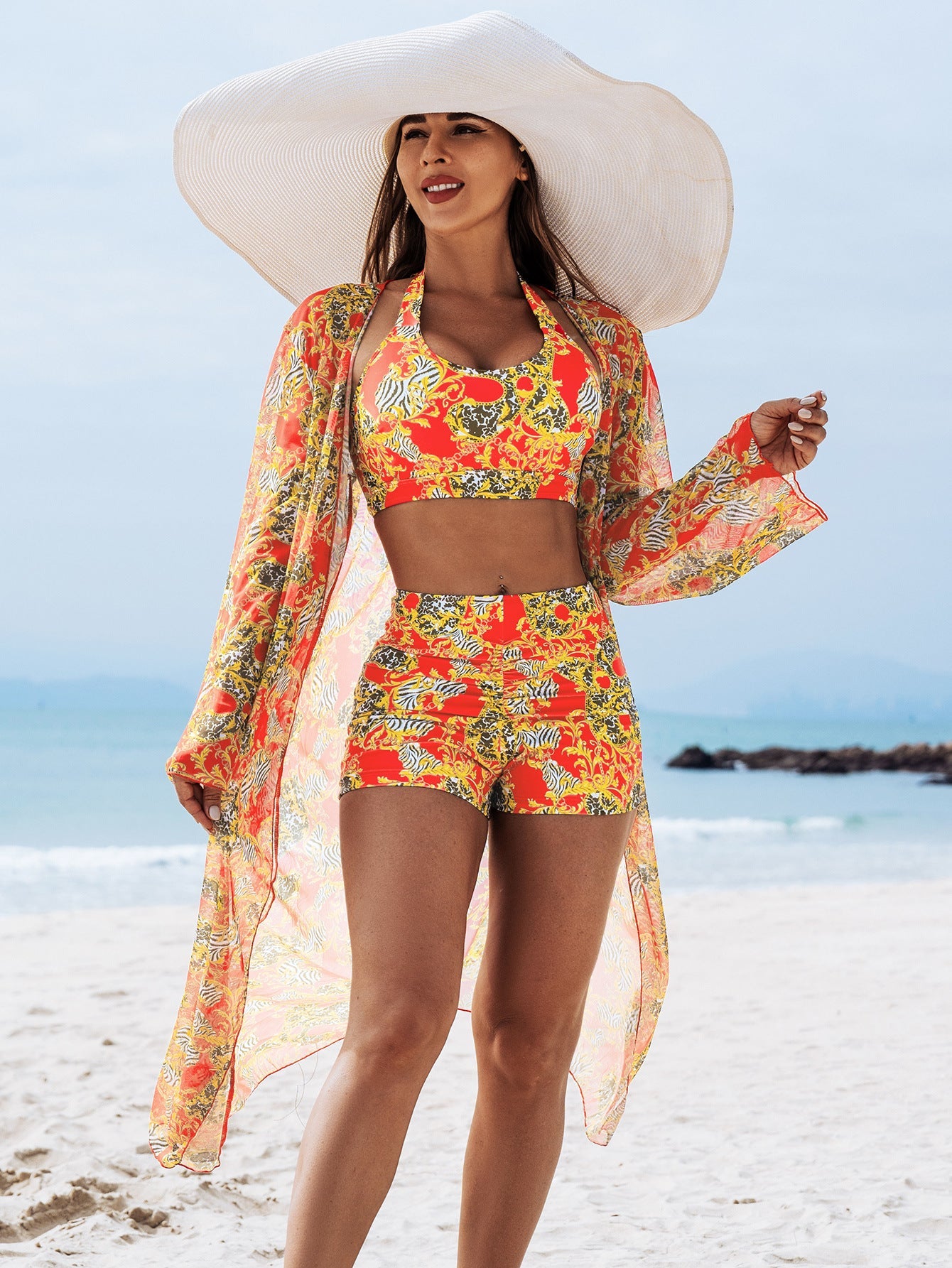 FashionableStyle Sexy Women's Three-Piece Bikini Set with Multi-Color Print Swimwear 