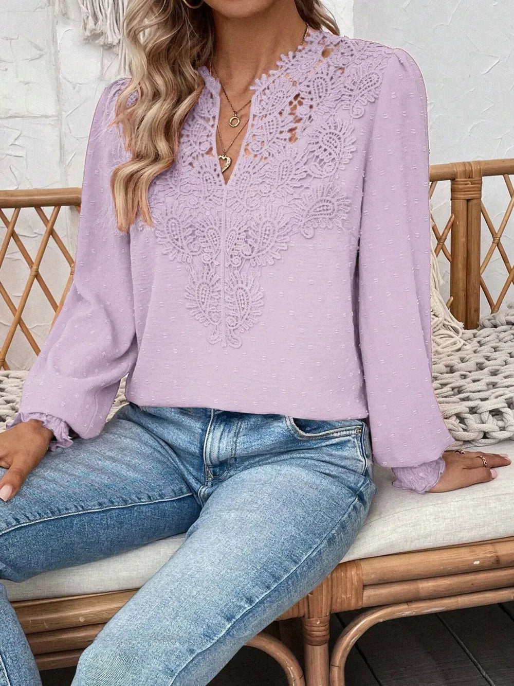 Swiss Dot Lace Detail Notched Long Sleeve Blouse 