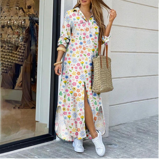Lapel-collar Long Shirt Dress For Women 