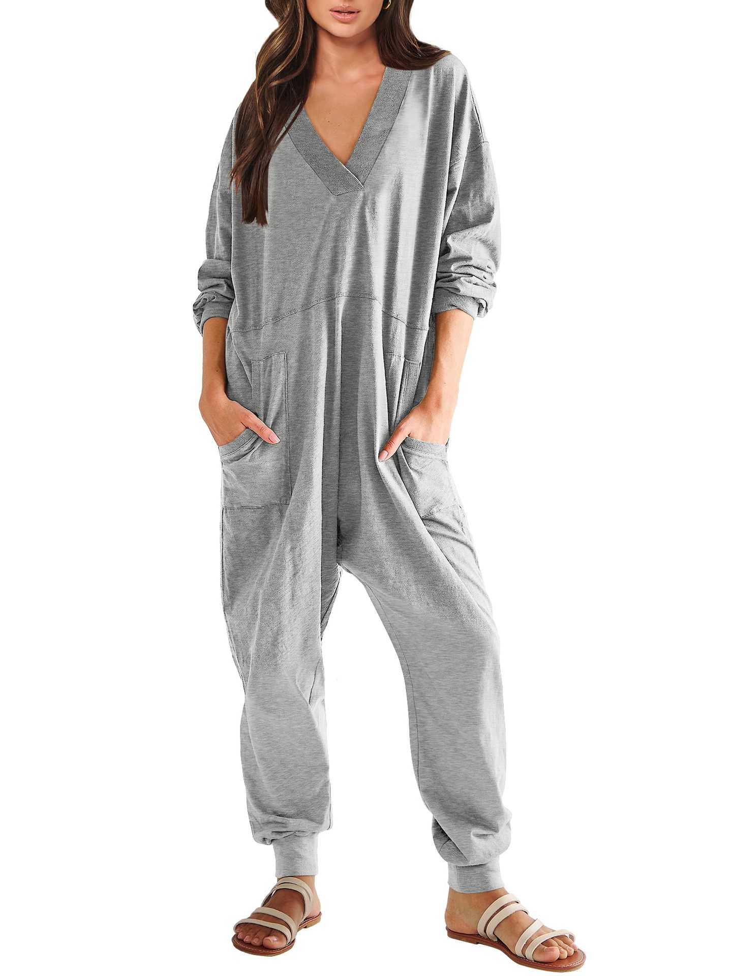 Women's V-neck Long Sleeve Solid Color Loose Jumpsuit With Two Side Pockets 
