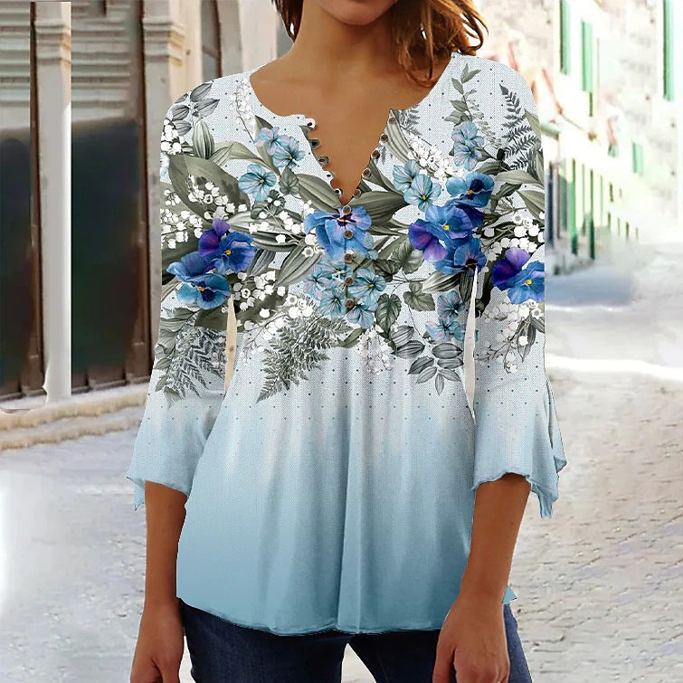 🌸 Asymmetrical Spike Button 3/4 Sleeve T-Shirt – Effortless Chic 
