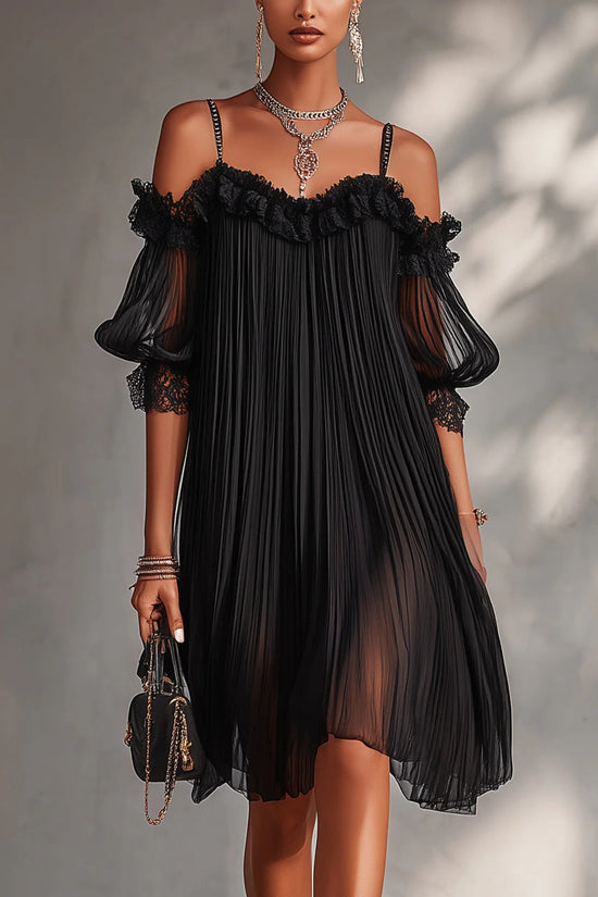 Sexy Sheer Lace Spliced Strap Solid Color Backless Dress 