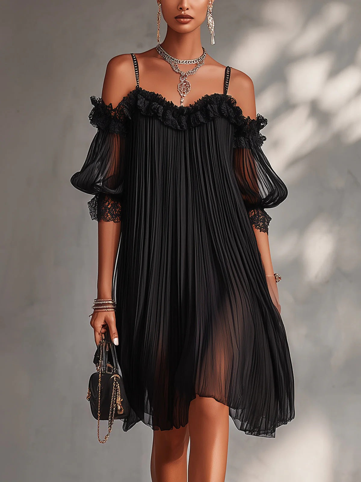 Sexy Sheer Lace Spliced Strap Solid Color Backless Dress 