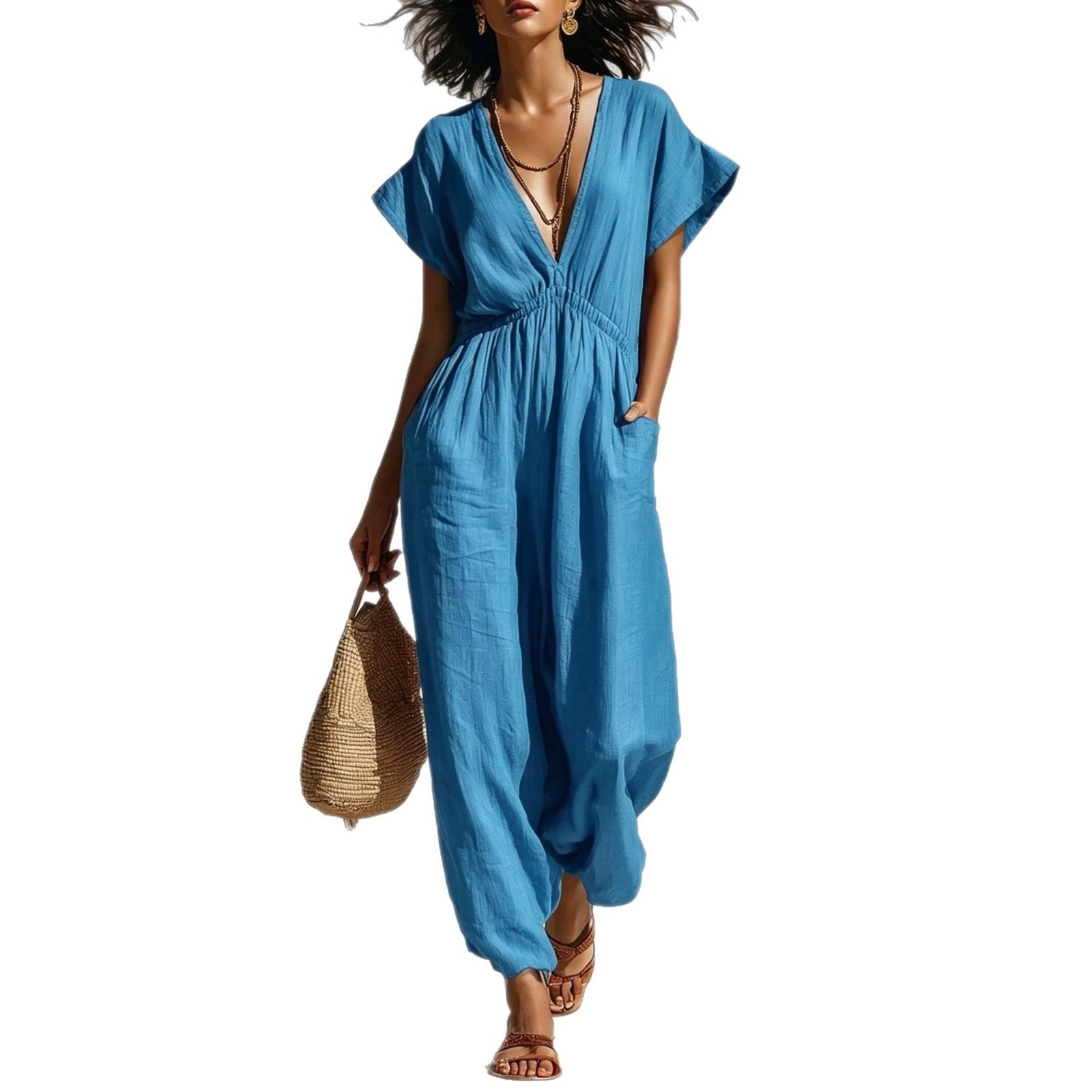 Deep V-neck loose fit pants for women 