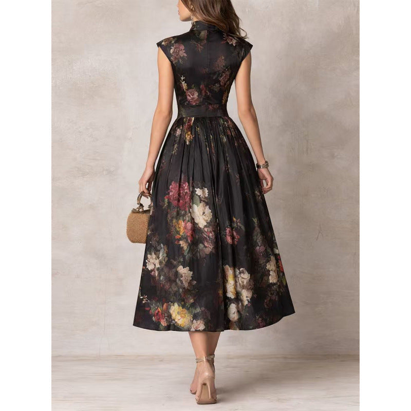 Sleeveless black three-dimensional floral print long skirt slim fit dress 