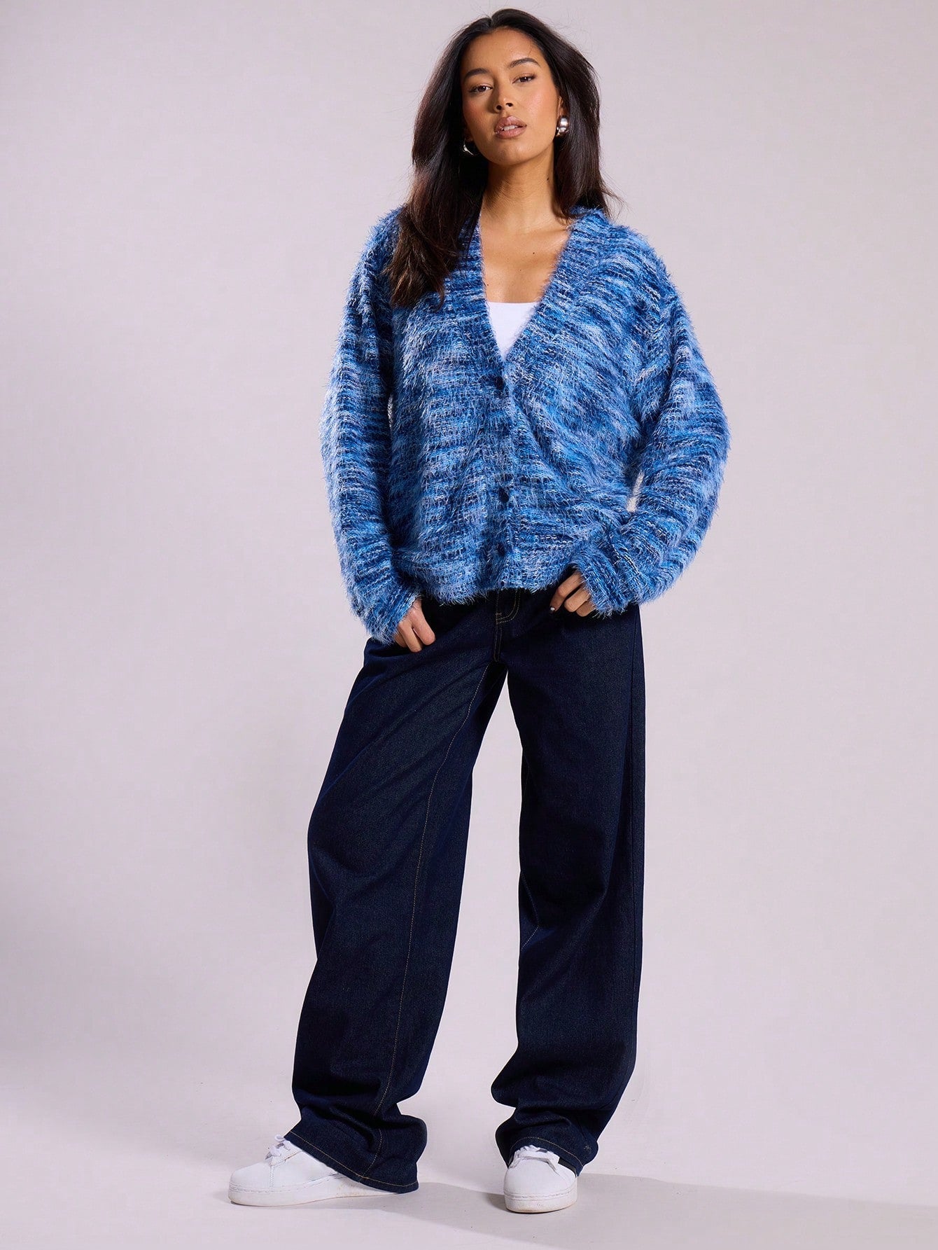Vintage Deep V-Neck Fleece Cardigan – Long Sleeve Color-Block 
