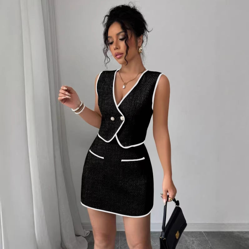 Women's Casual Sleeveless Irregular Top And Color-Block Pocket A-Line Skirt Set 