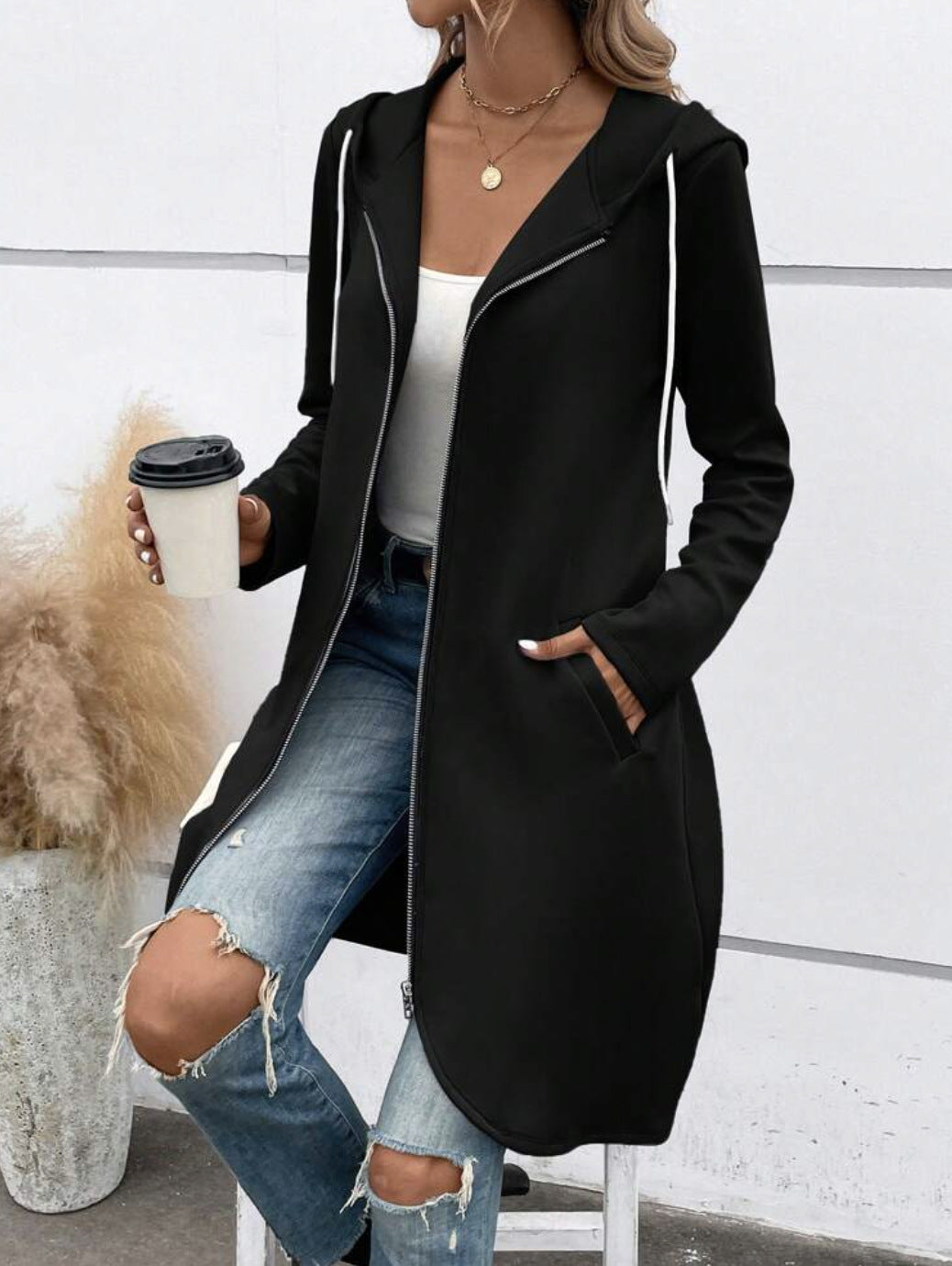 Personality Street Zip Hooded Long Velvet Lining Sweatshirt 