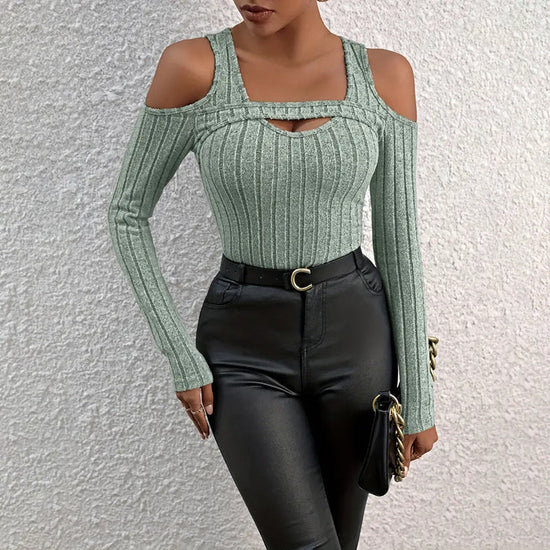 Women's Ribbed Long Sleeve Top Cut Out Front Detail Fitted Sexy Tee Casual Dressy T-Shirt Tops CJ US