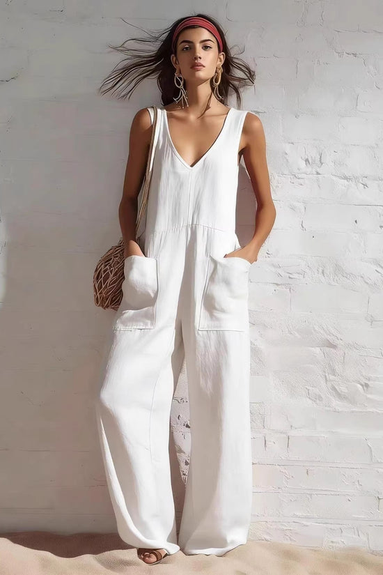 Womens Sleeveless V-Neck Pocketed Casual Jumpsuit 