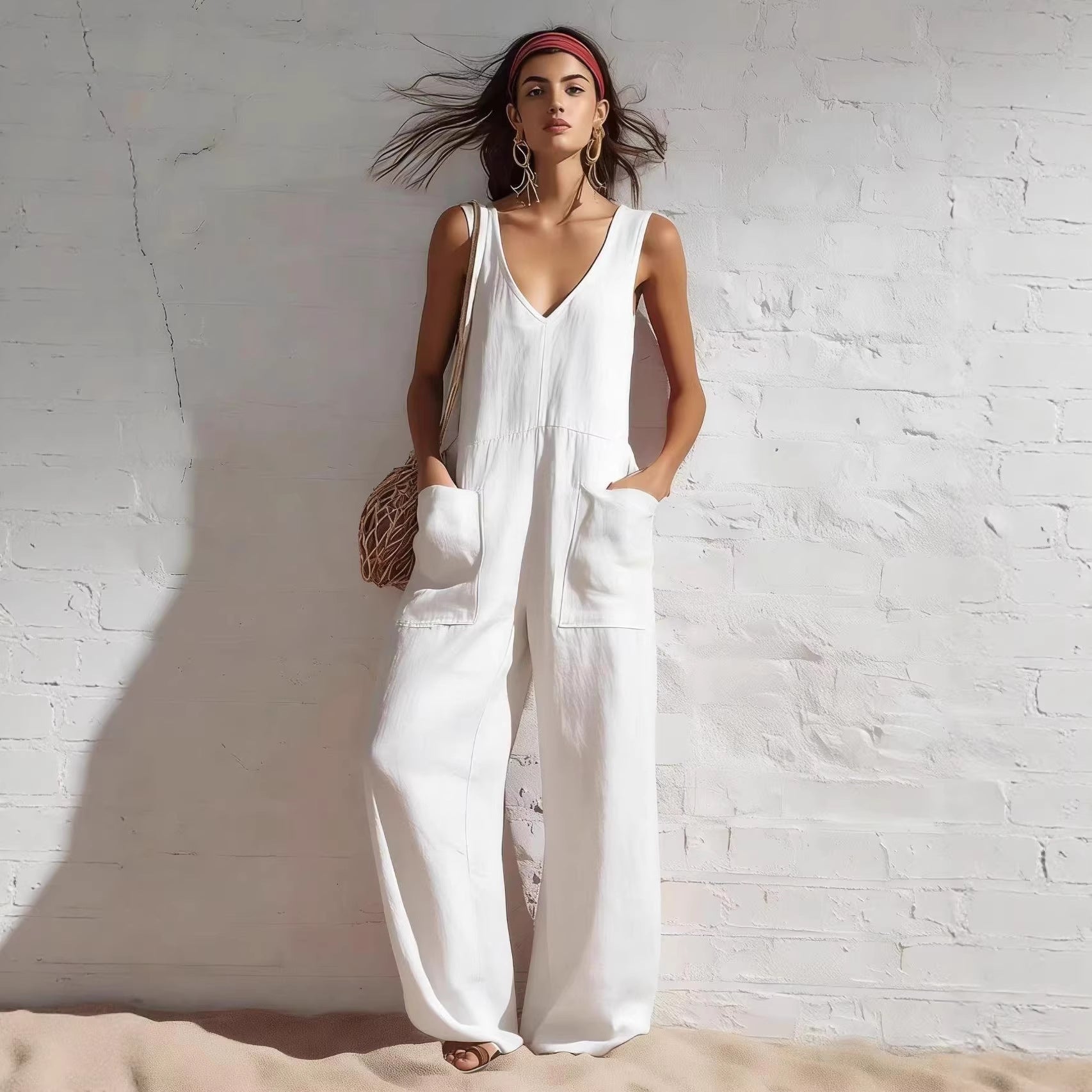 Womens Sleeveless V-Neck Pocketed Casual Jumpsuit 