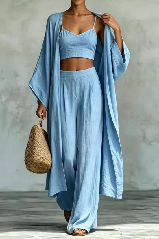 Loose cardigan short strap high waist wide leg pants set 