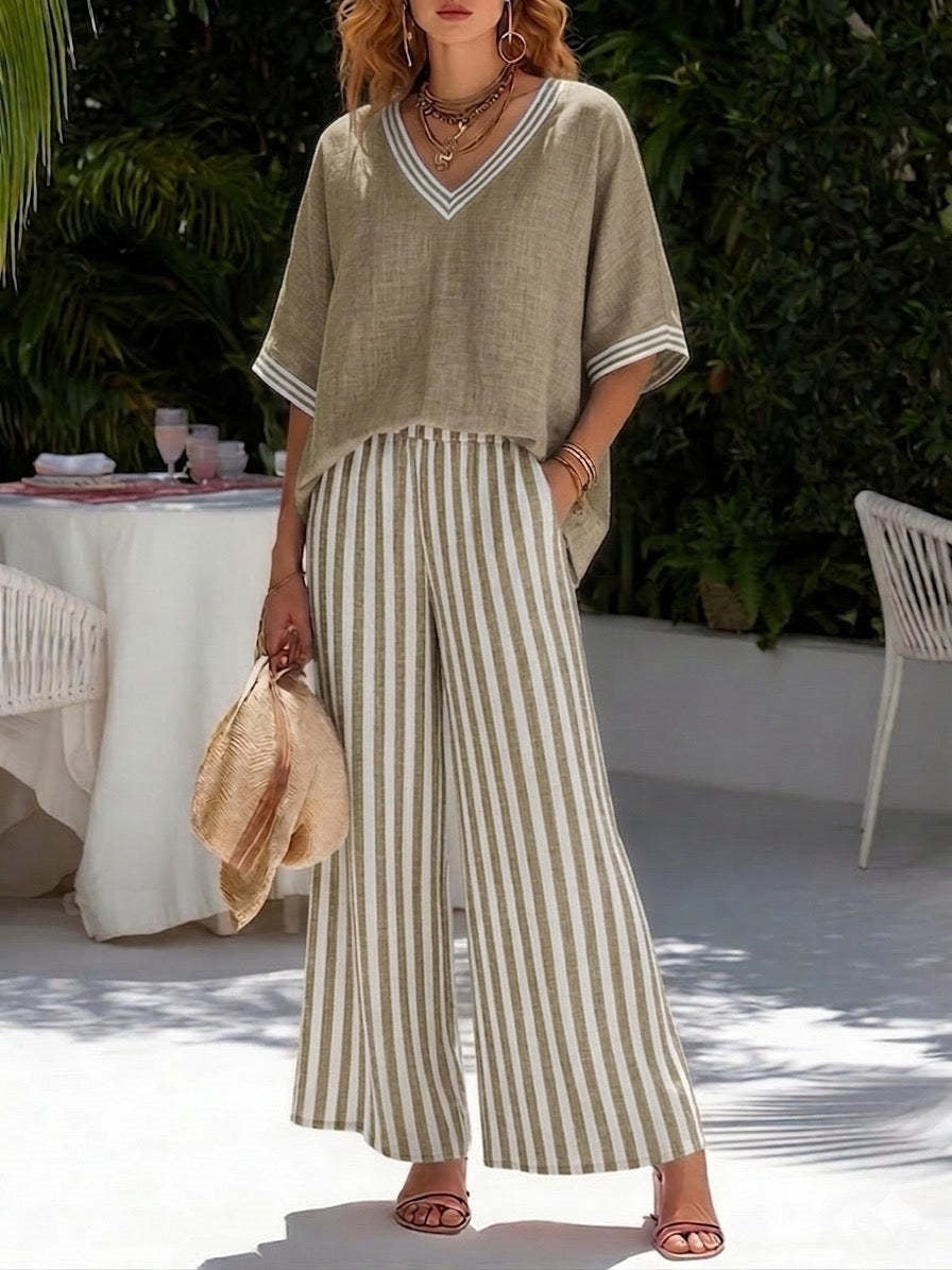 Tunic-style Striped Casual Trousers Womens Outfit 