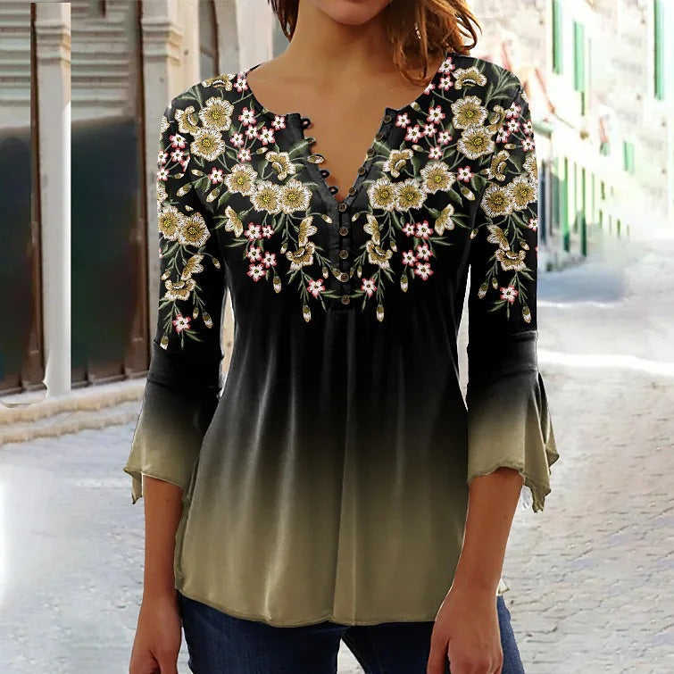 Women’s V-Neck 3/4 Sleeve Button-Front Tunic Blouse 