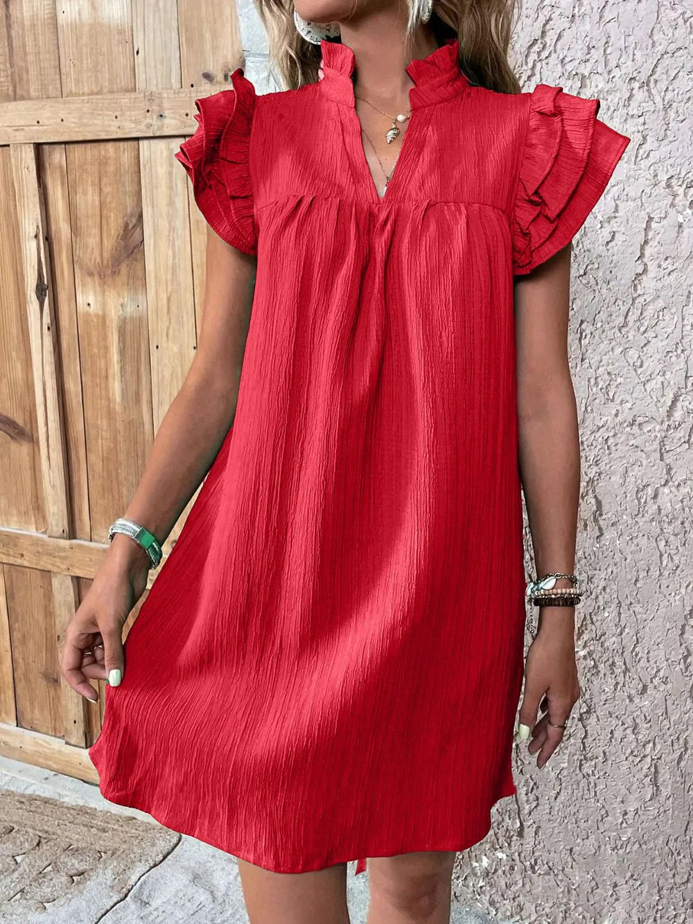 Ruffled Notched Cap Sleeve Mini Dress 