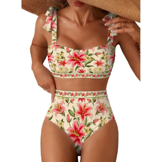 Women's Striped Bikini Set with Tie-Shoulder Design, High-Waisted Two-Piece Swimsuit 