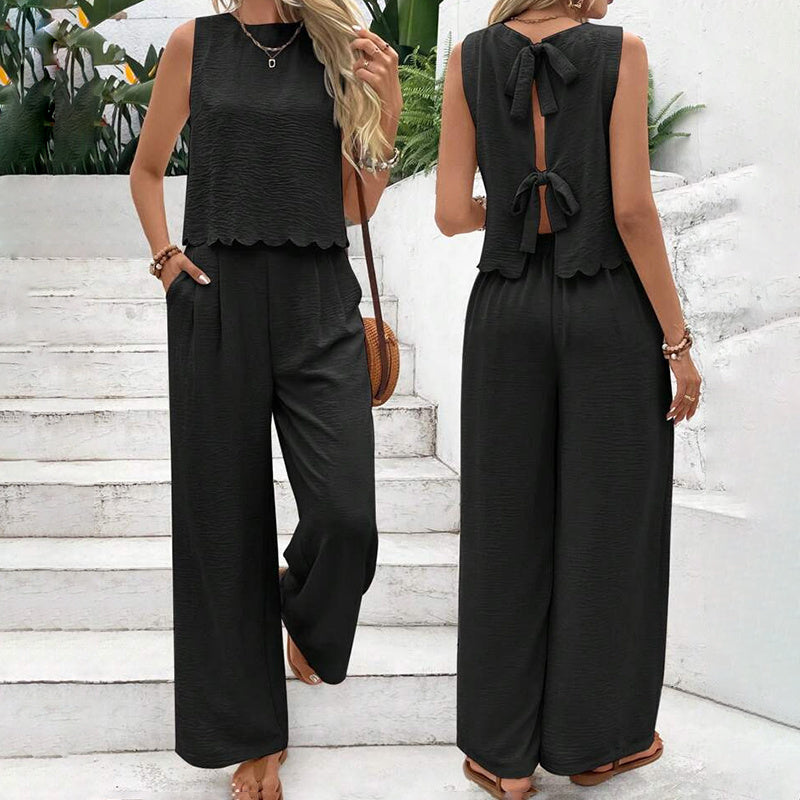 Elegant 2-Piece Matching Set, Sleeveless Crop Top And Wide Leg Pants Outfits CJ