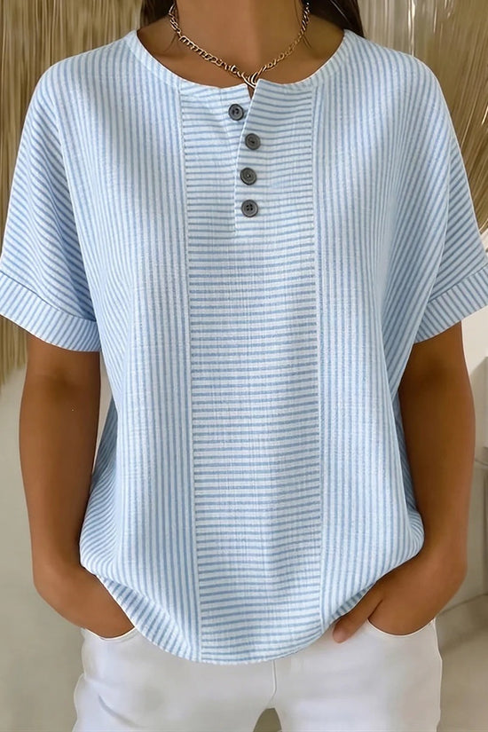 Casual Solid Color V-Neck Buttoned Striped Cotton-Linen T-Shirt 