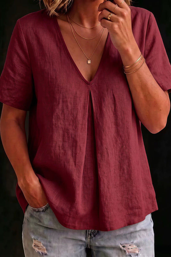 Women's Solid-Color Pleated Cotton-Linen Short-Sleeve Shirt T-Shirt 