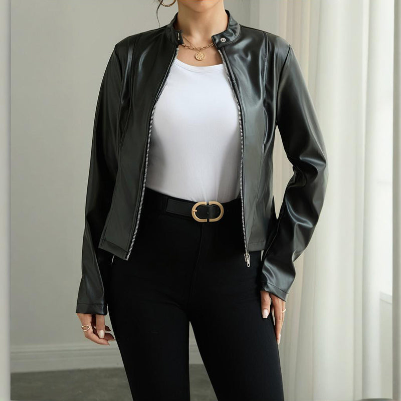 Women's Solid Color Long Sleeve Stand Collar Faux Leather Blazer CJ US