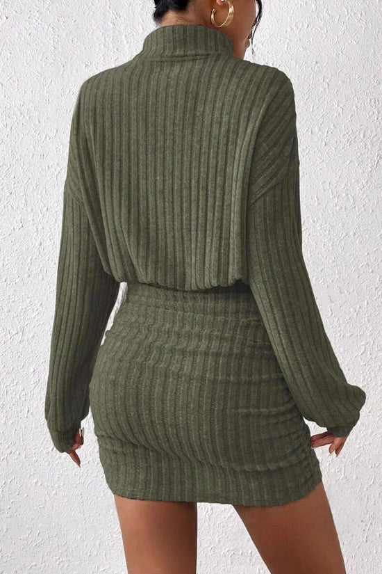 Hip hugging long sleeved high neck striped knitted sexy dress