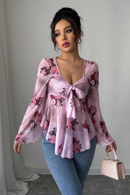 Sweet Floral Ombre Tie-Back Square Neck Long Sleeve Blouse 