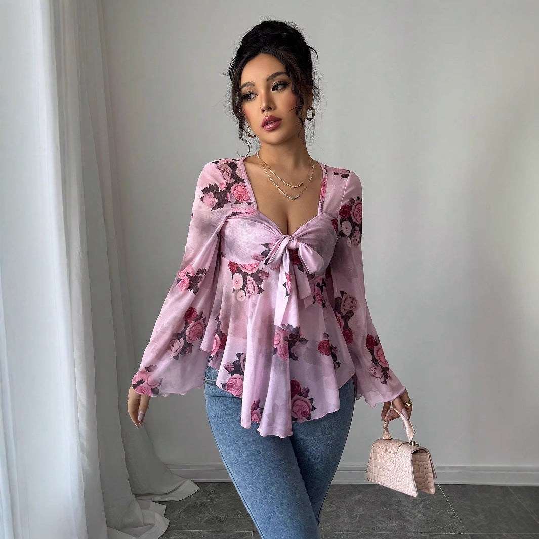 Sweet Floral Ombre Tie-Back Square Neck Long Sleeve Blouse 