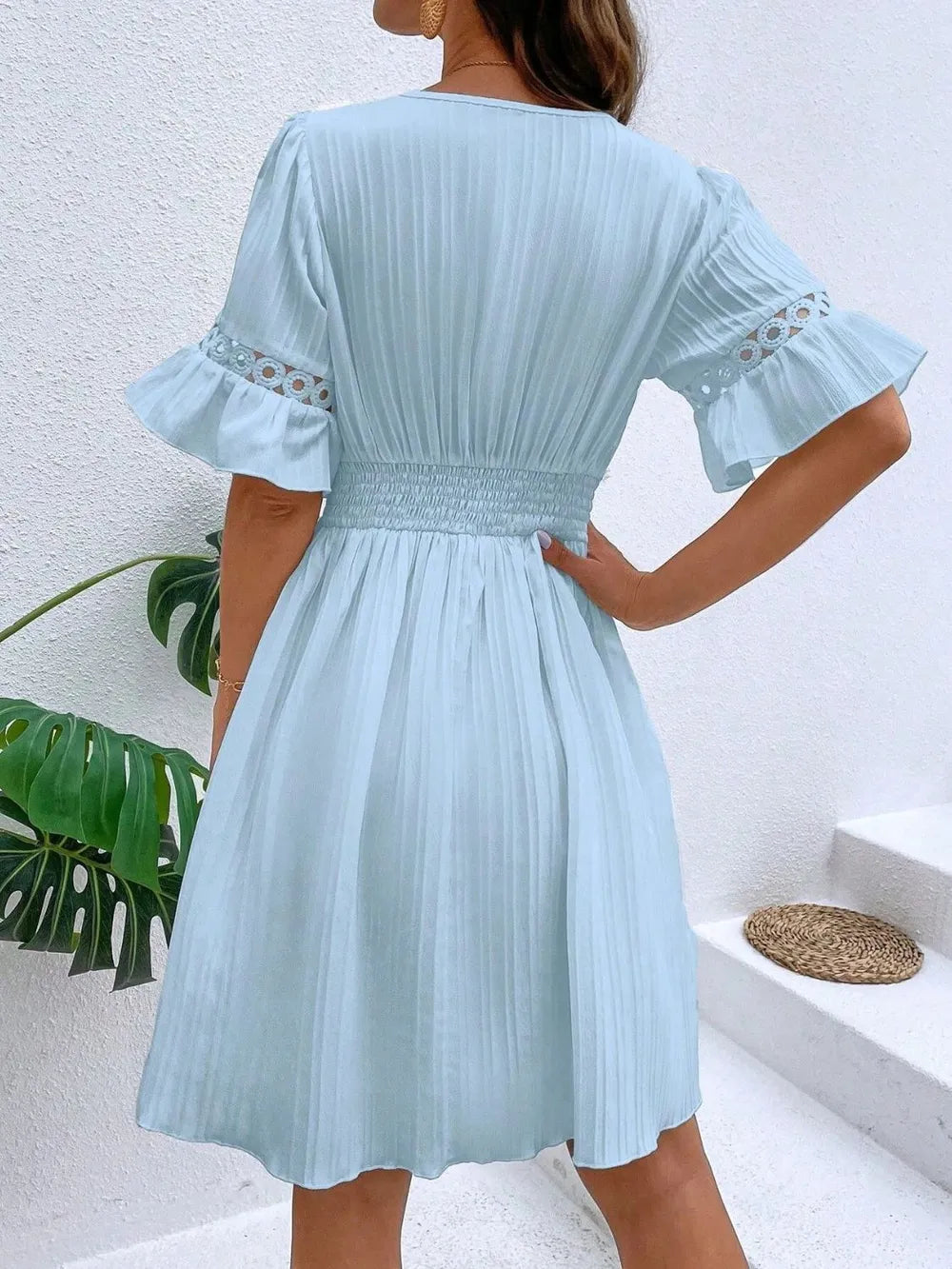 Cutout V-Neck Flounce Sleeve Mini Dress 