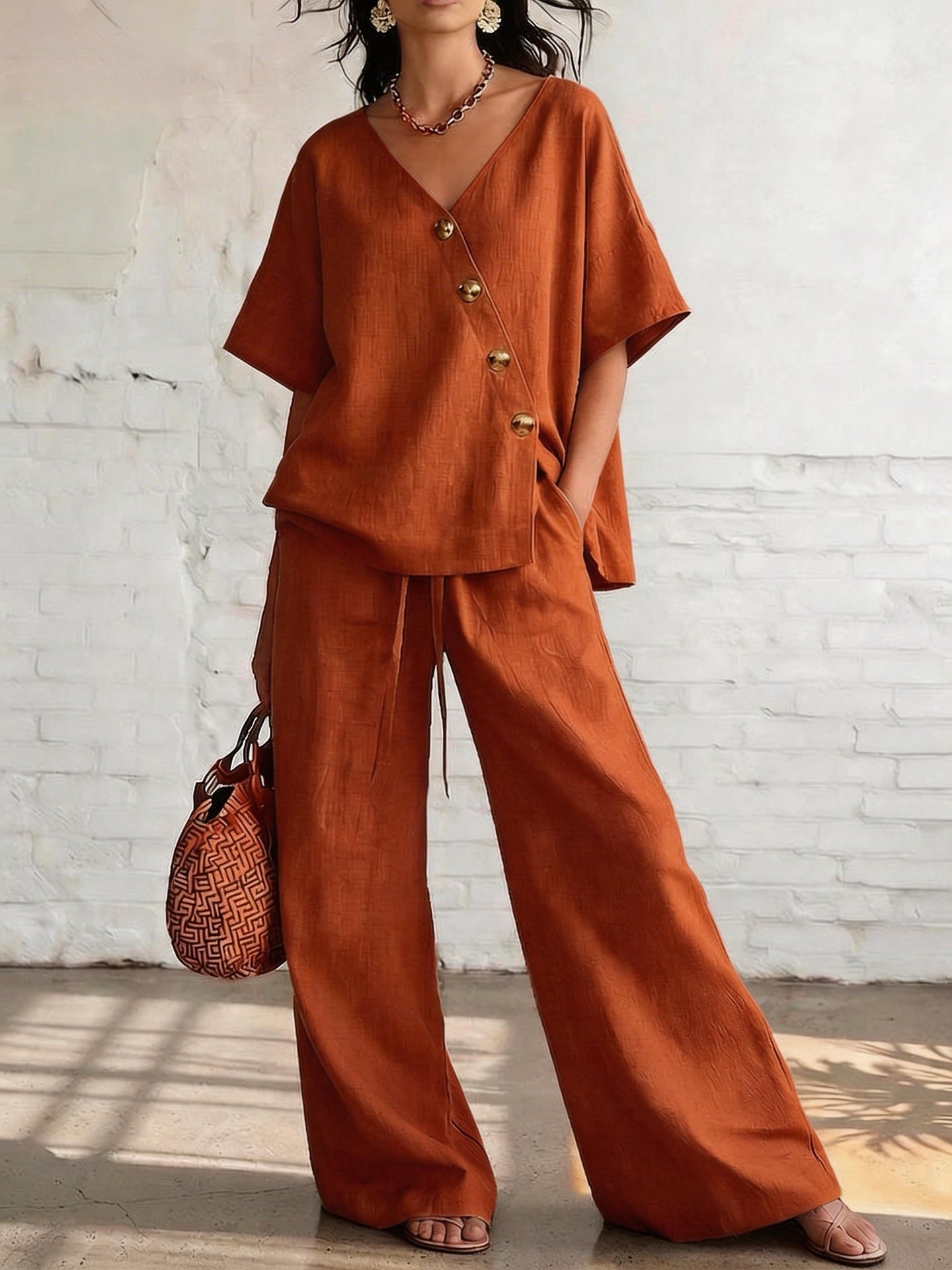 Casual Vacation Loose Cotton-Linen V-Neck Wide-Leg Pants Two-Piece Set 