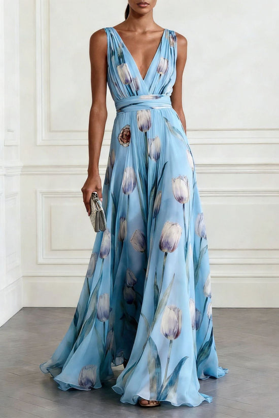 Elegant Tulip Print Evening Dress for Women Sleeveless V-Neck Chiffon Long Dress 