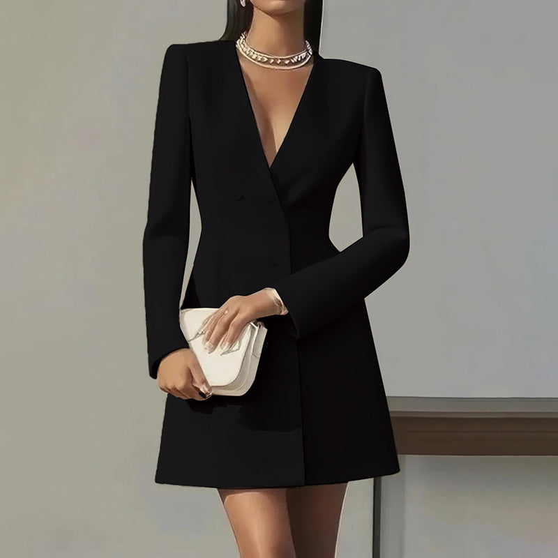 Women's Solid Color Deep V-Neck Dress Button Front A-Line Midi Dress For Formal Occasions CJ US