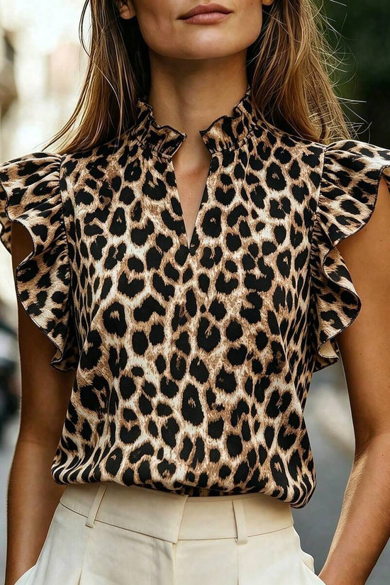 Women's Retro Ruffle-Trimmed Printed Sleeveless Shirt 