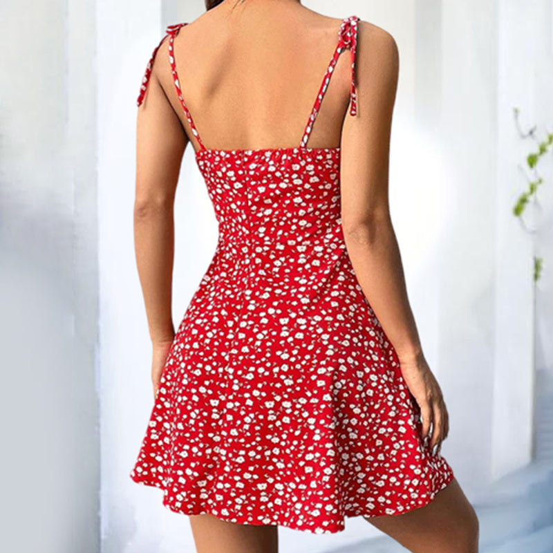 Floral Mini Dress Spaghetti Strap Tie Shoulder Ruffle Summer Boho Dresses CJ US