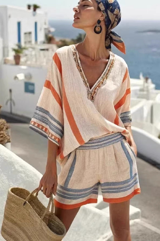 Linen Striped Printed V-Neck Top And Shorts Set For Women 