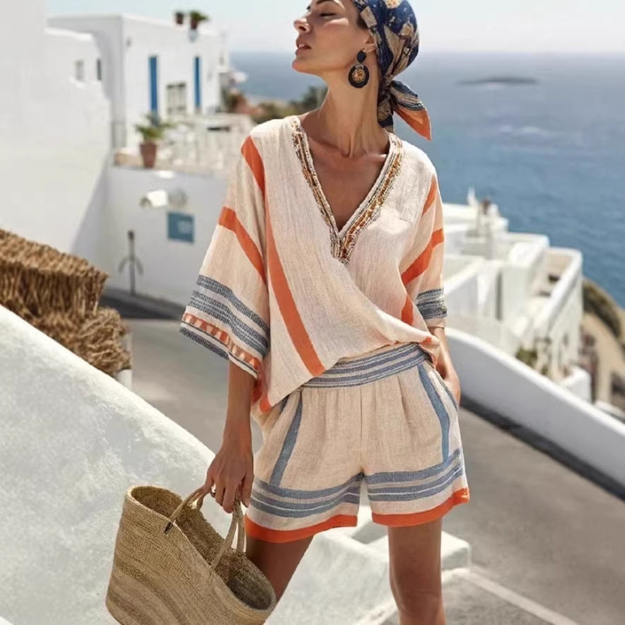 Linen Striped Printed V-Neck Top And Shorts Set For Women 