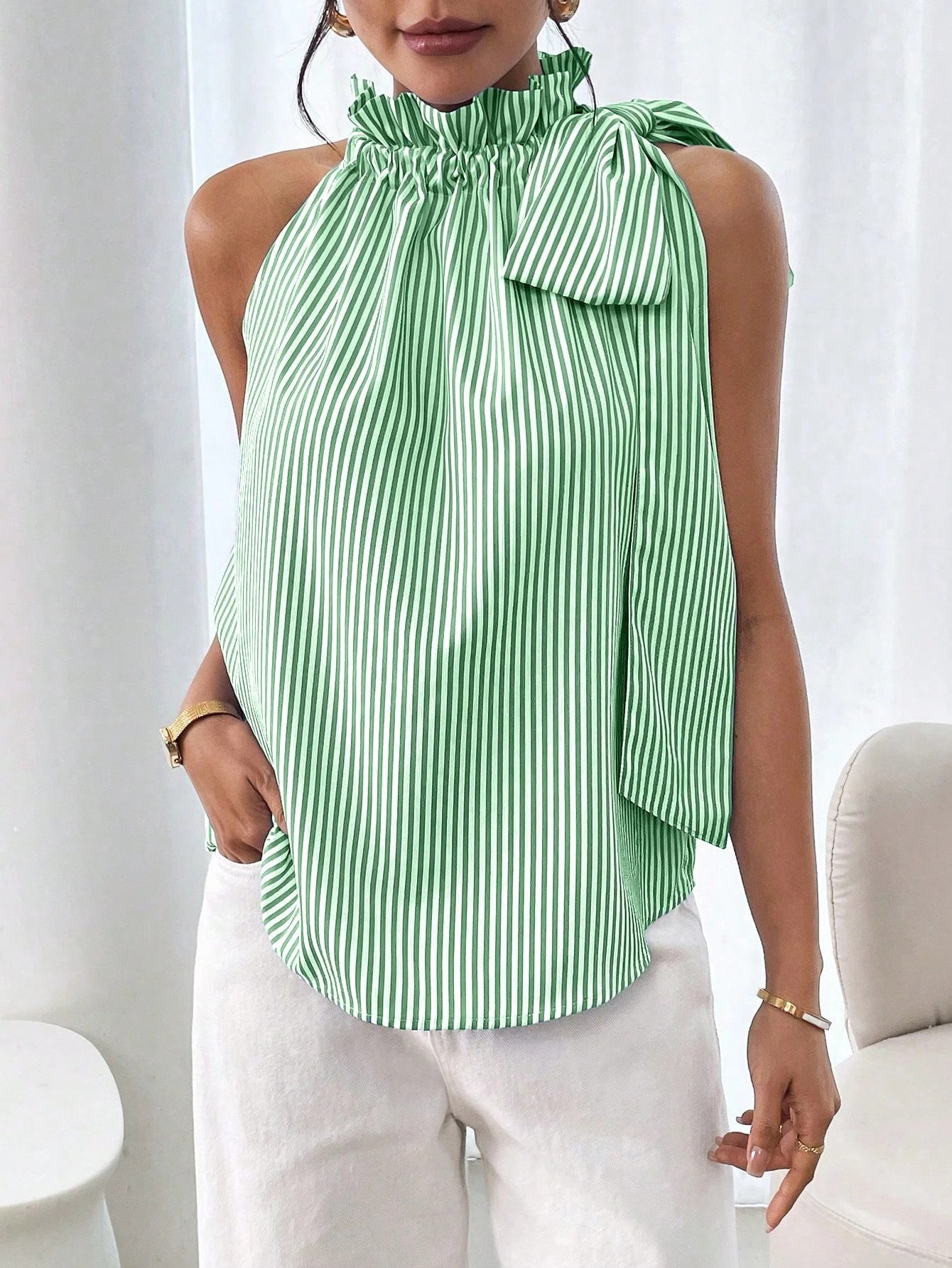 Fashionable Casual Sleeveless Striped Lace Trim High Neck Tie Knot T-Shirt Top 