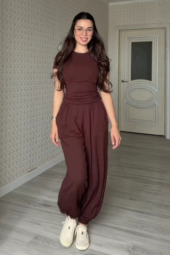 Style summer short sleeve T-shirt wide-leg pants casual elegant women's set 