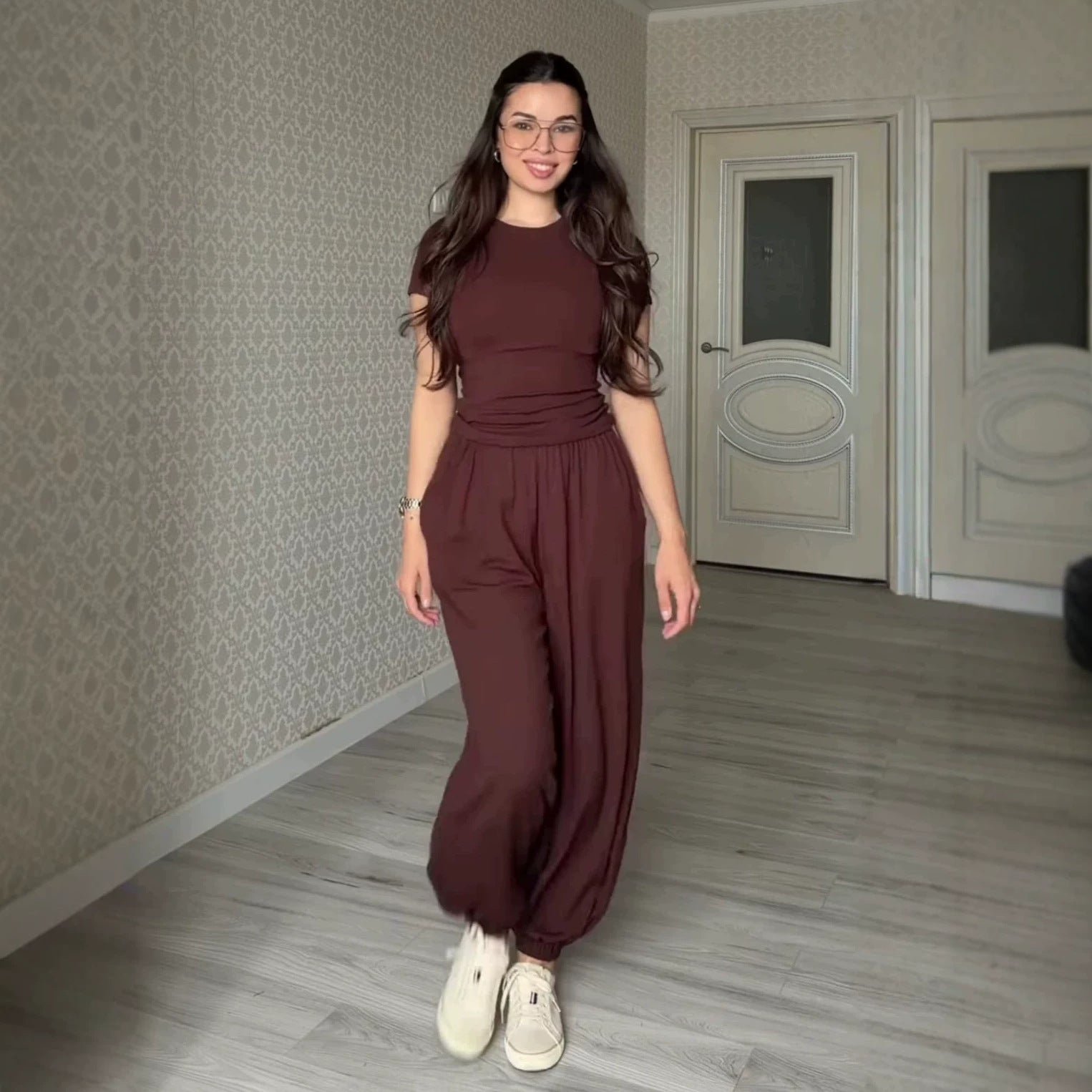 Style summer short sleeve T-shirt wide-leg pants casual elegant women's set 