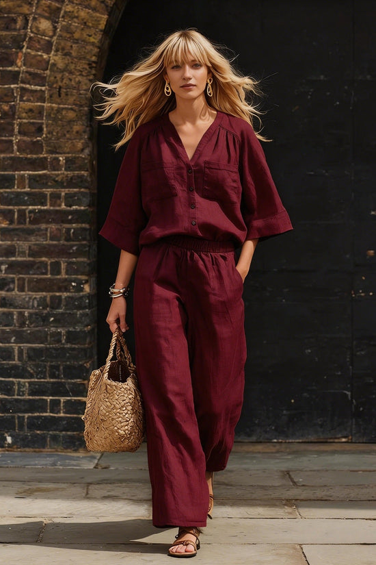 Womens Simple Button-Up Top And Wide-Leg Pants Linen Two-Piece Set 